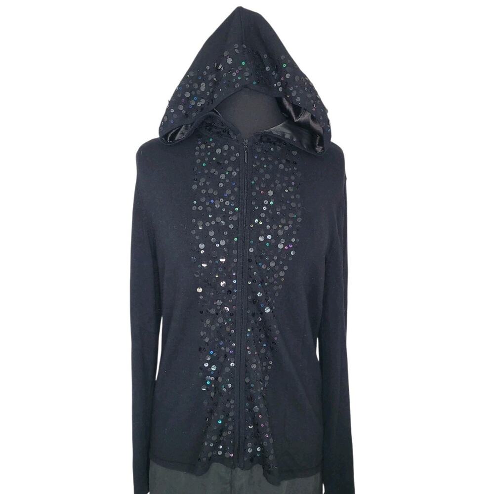 Chico’s Black Sequin Trim Hoodie Jacket Sz 2 L Zip Cardigan
